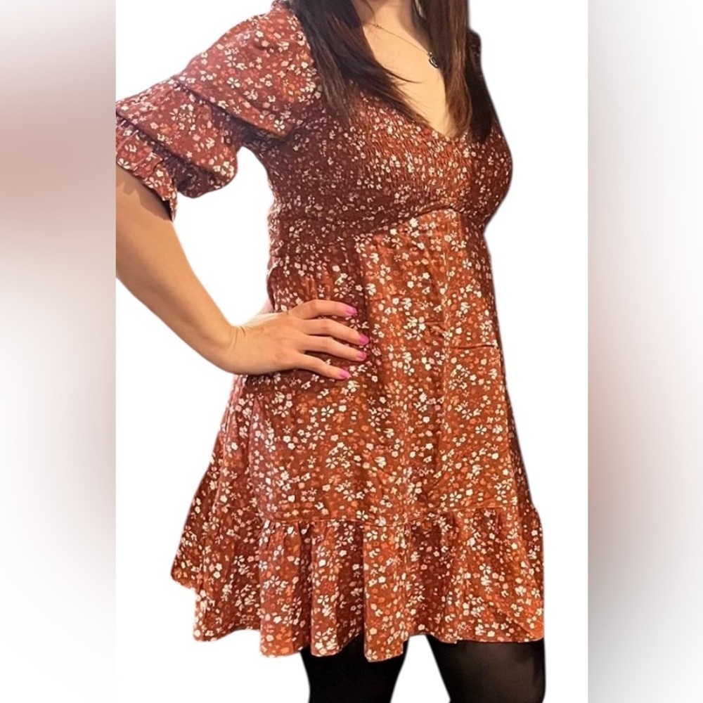 Hollister Brown and White Puff Sleeve V-Neck Sundress